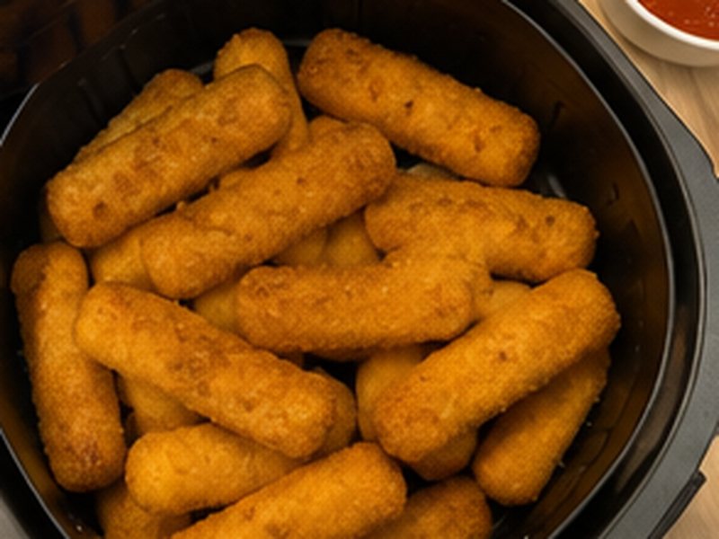 Krokante aardappelkroketjes met een kommetje saus ernaast