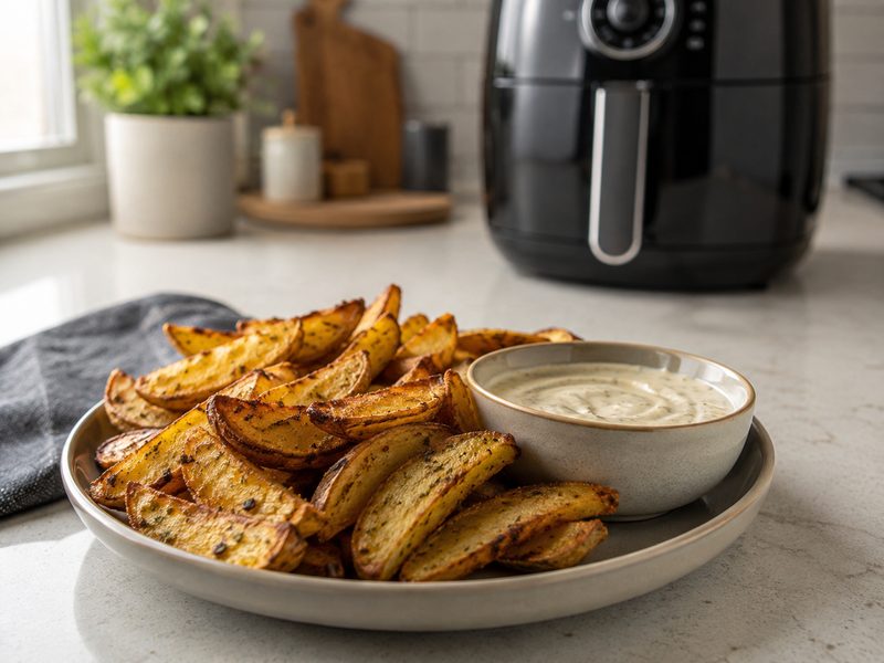 Geroosterde aardappelpartjes met kruiden en een kommetje dipsaus, naast een airfryer