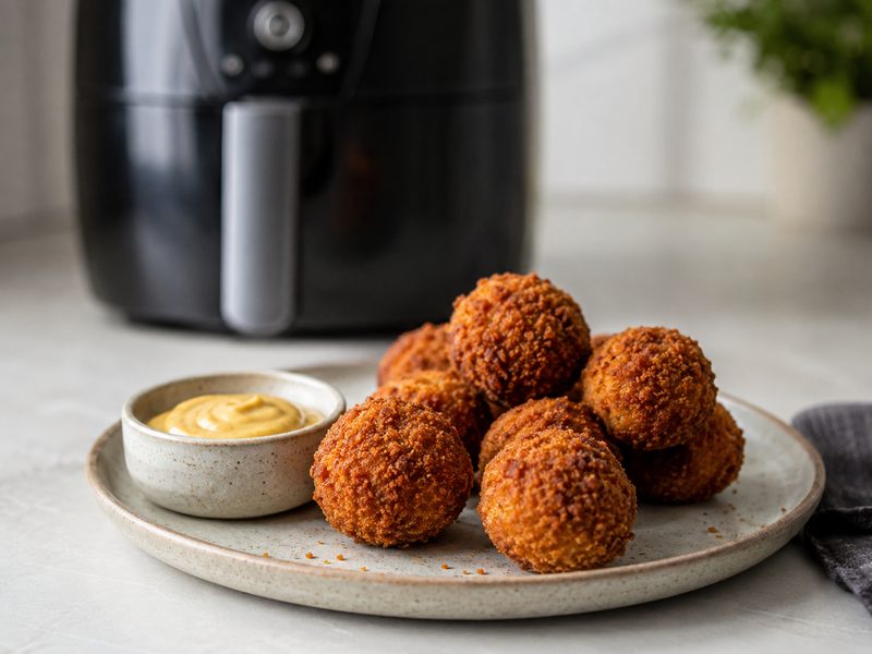 Bitterballen op een bord met mosterd, naast een airfryer
