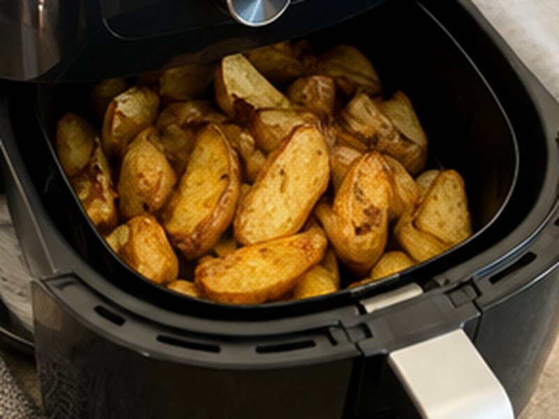 Geroosterde aardappelpartjes met kruiden in de mand van een airfryer