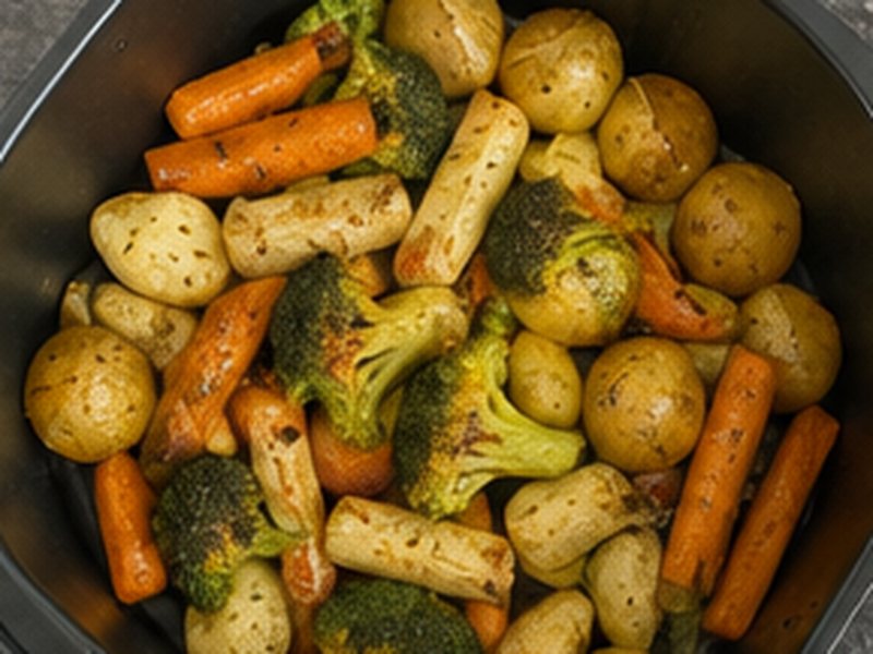 Geroosterde broccoli, wortel, pastinaak en krieltjes in de mand van een airfryer
