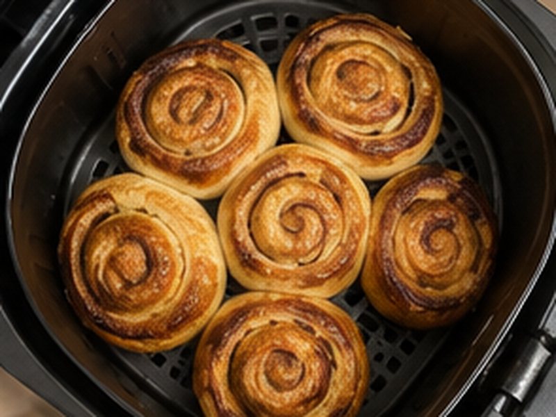Kaneelbroodjes met een goudbruine korst in de mand van een airfryer