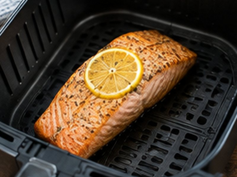 Zalmfilet met een schijfje citroen in de mand van een airfryer
