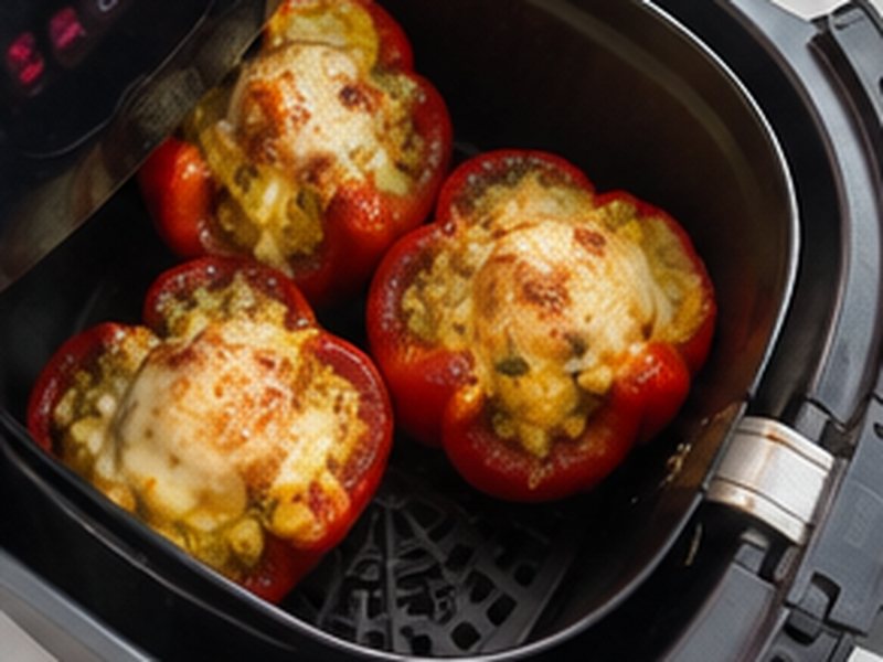 Drie gevulde paprika's met gesmolten kaas in de mand van een airfryer