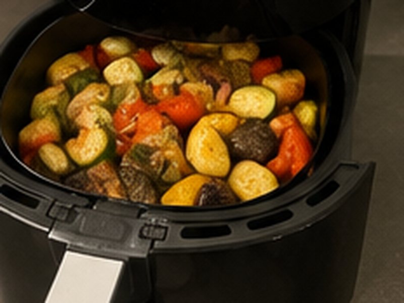 Geroosterde groentemix met courgette, paprika en aardappel in de mand van een airfryer