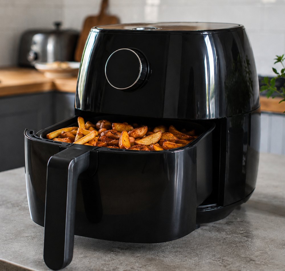 Zwarte airfryer op een keukenblad met de lade open en goudbruine aardappelpartjes erin