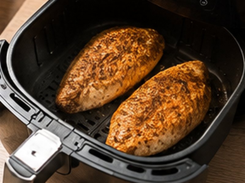 Twee gekruide kipfilets naast elkaar in de mand van een airfryer