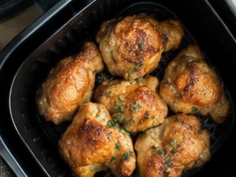 Gebakken kipdijfilet met peterselie in de mand van een airfryer