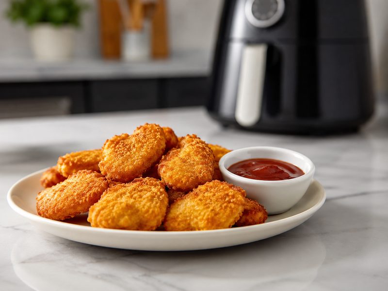 Krokante kipnuggets op een bord met ketchup, naast een airfryer