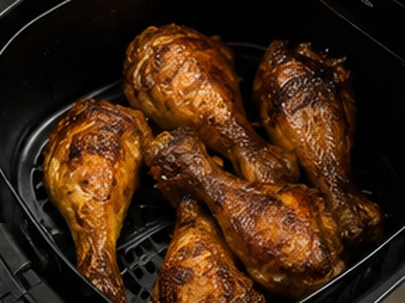 Vier goudbruin gebakken kippenpoten in de mand van een airfryer