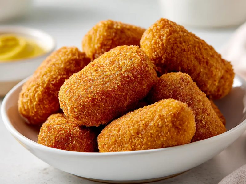 Goudbruine kroketten in een witte schaal met mosterd