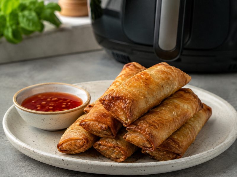 Krokante loempia's op een bord met chilisaus
