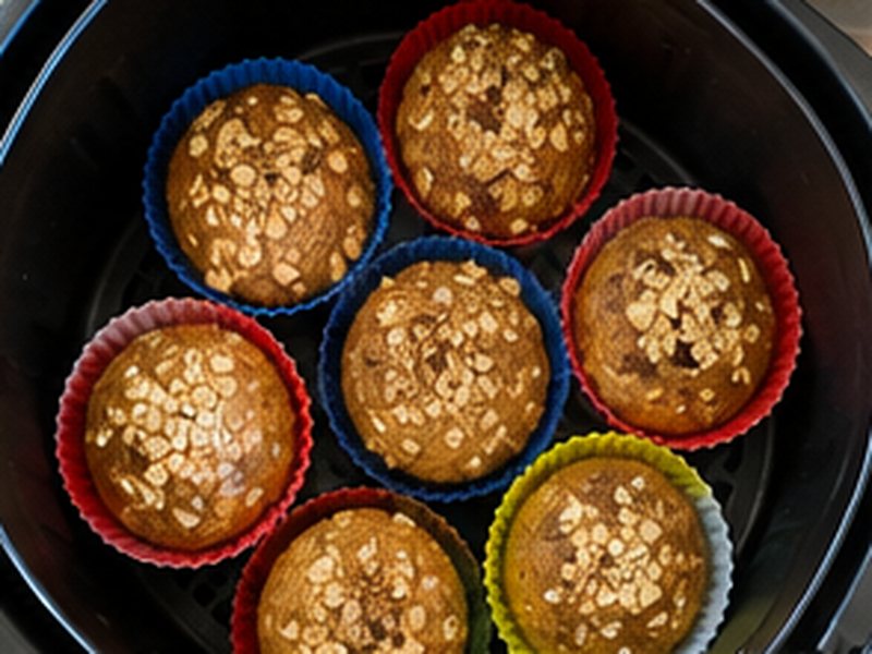 Muffins in gekleurde siliconen vormpjes in de mand van een airfryer