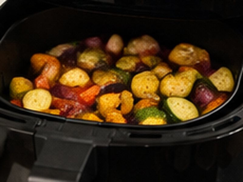 Geroosterde paprika met courgette en krieltjes in de mand van een airfryer