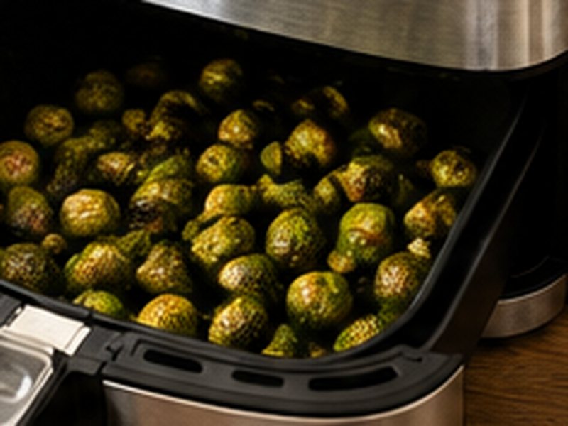 Geroosterde spruitjes met olie en kruiden in de mand van een airfryer