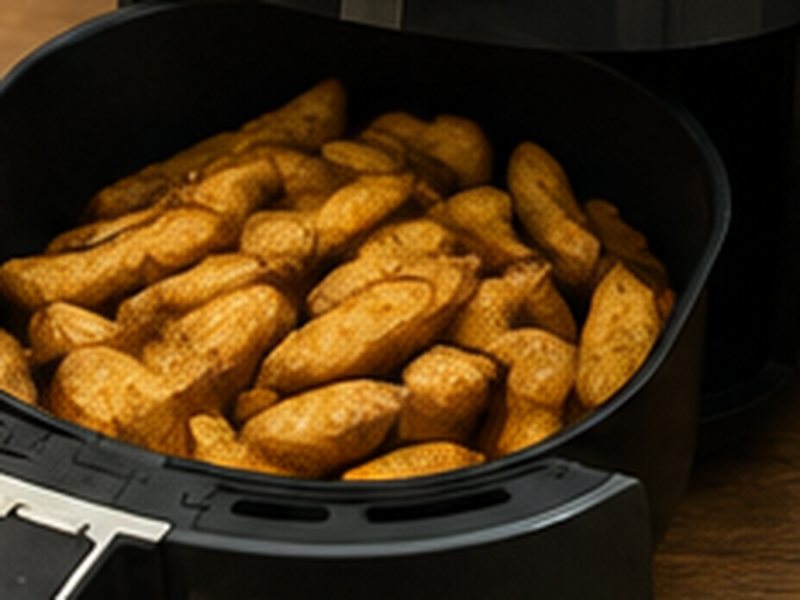 Dikke steakhouse frieten in de mand van een airfryer