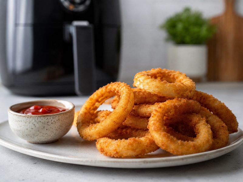 Krokante uienringen op een bord met ketchup, naast een airfryer