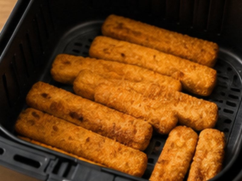 Goudbruine vissticks in een laag in de mand van een airfryer
