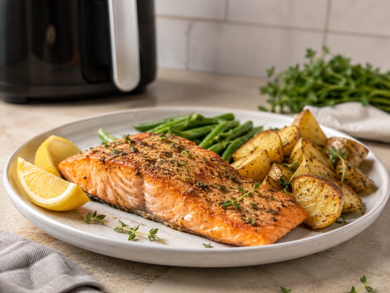 Zalmfilet met krieltjes, sperziebonen en citroen op een bord