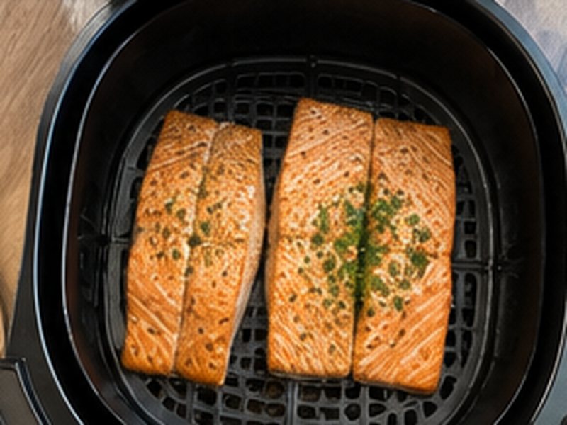 Twee zalmmoten met verse kruiden in de mand van een airfryer